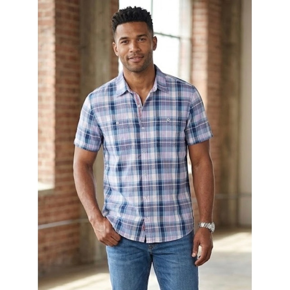 Flag & Anthem Mens XL Short Sleeve Button Down Shirt Plaid Blue‎ Purple Casual